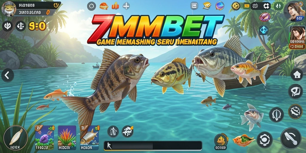 Tampilan gameplay 7MMBET saat memancing di lokasi yang indah.