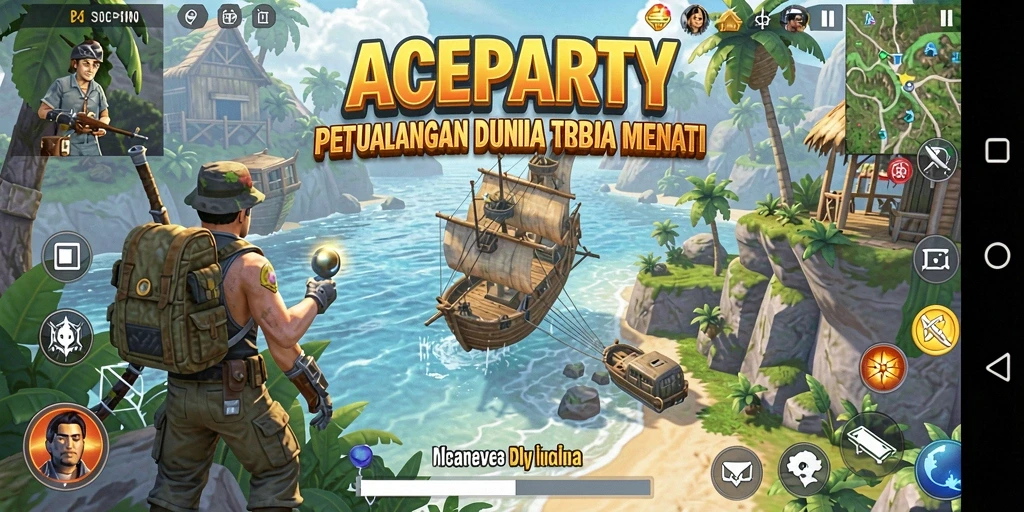 Tampilan gameplay ACEPARTY menampilkan petualangan di dunia terbuka.