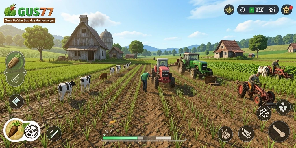 Screenshot gameplay GUS77 menampilkan aktivitas pertanian yang menarik dan dinamis.