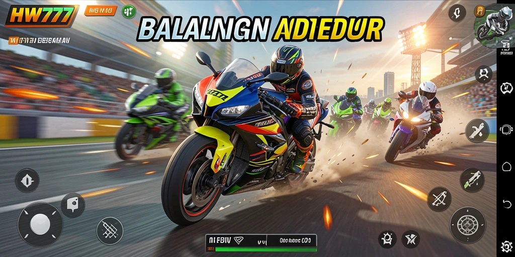 Screenshot utama HW777 menampilkan balapan motor yang intens dan mendebarkan.