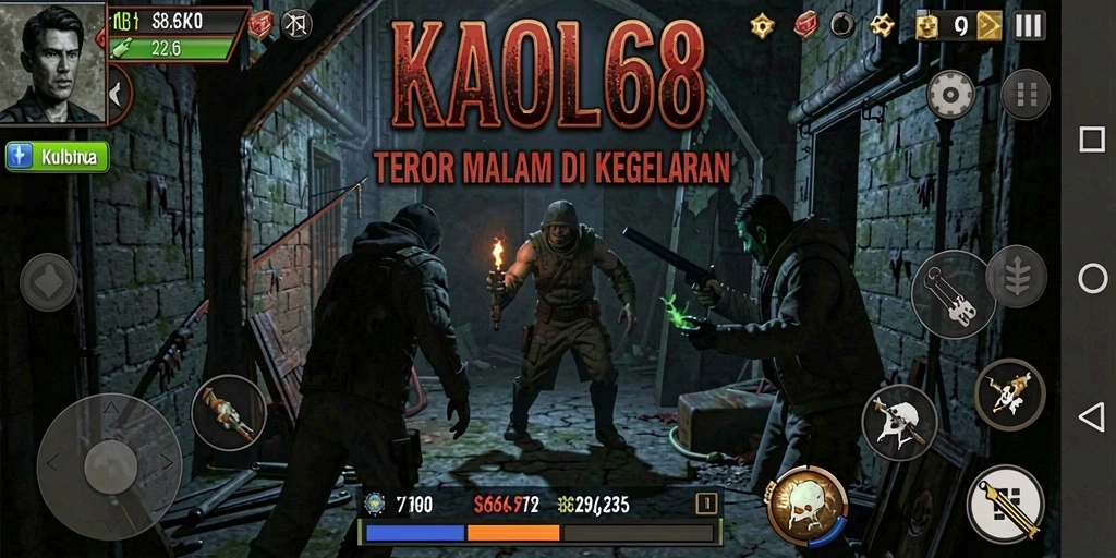 Tampilan gameplay KAOL68 dengan suasana horor yang mencekam.