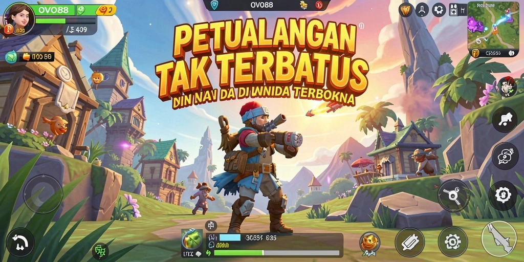 Screenshot gameplay OVO88 menampilkan eksplorasi dunia terbuka yang memukau.