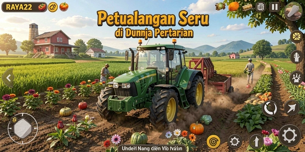 Tampilan gameplay RAYA22 saat merawat kebun yang indah.