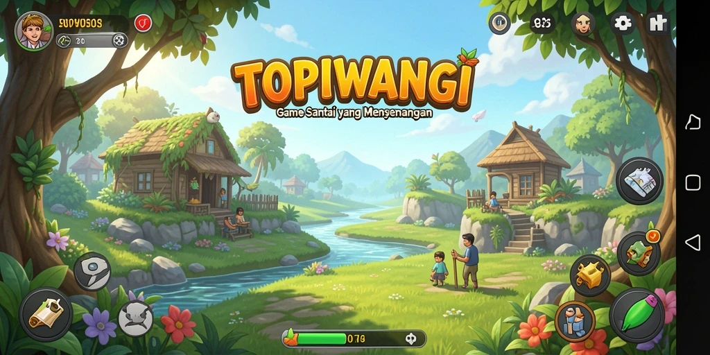 Tampilan gameplay TOPIWANGI yang ceria dan penuh tantangan.