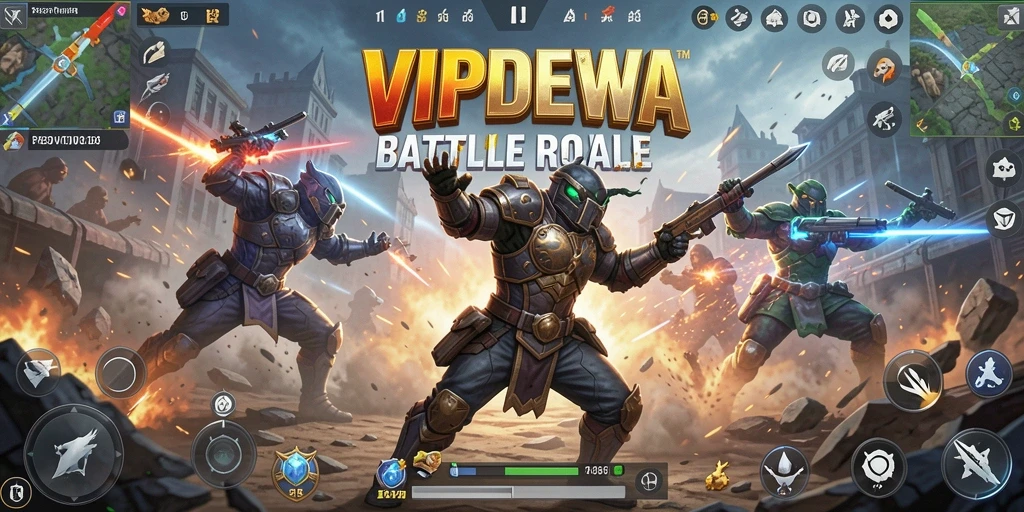 Screenshot utama menunjukkan aksi ketat dalam pertempuran Battle Royale.
