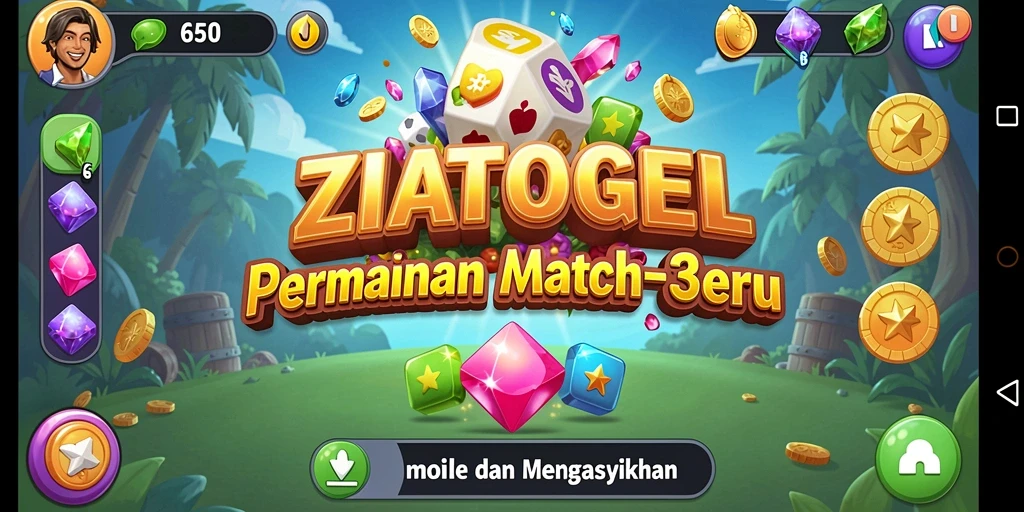 Screenshot gameplay ZIATOGEL menampilkan aksi mencocokkan gem yang seru.